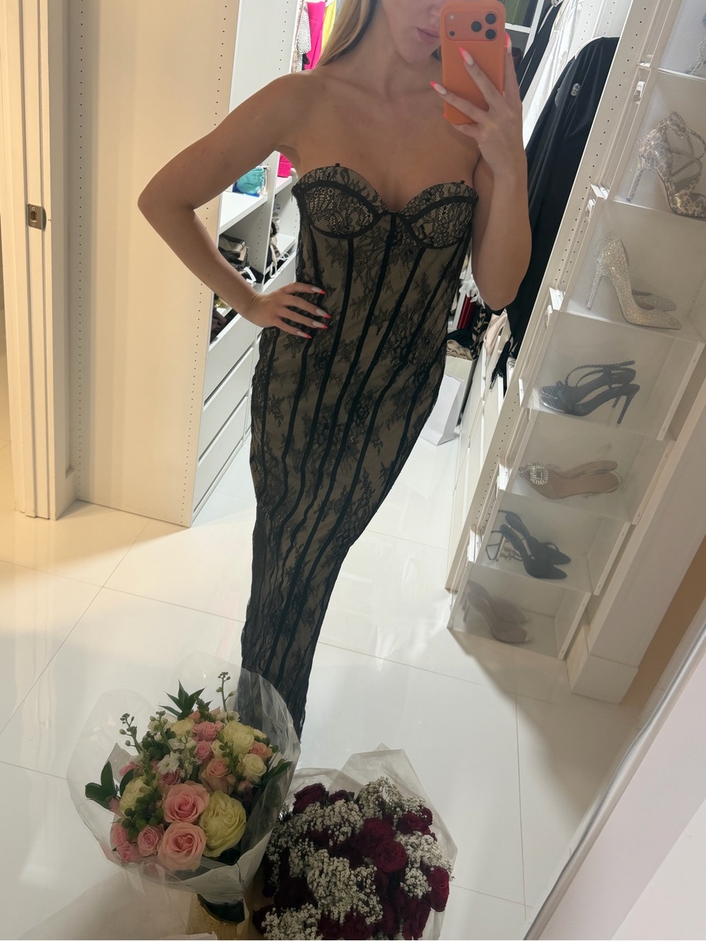 Strapless Black Lace Overlay Evening Dress